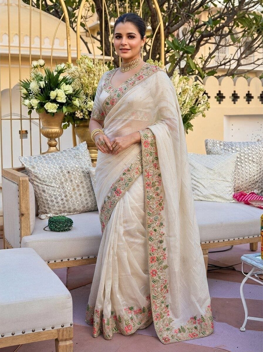 Radiate Royal Heritage in Delicately Thread-Worked Floral Border Saree
