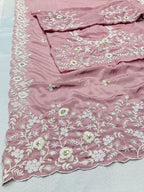 Effortless Floral Embroidered Saree with Delicate Border Detailing