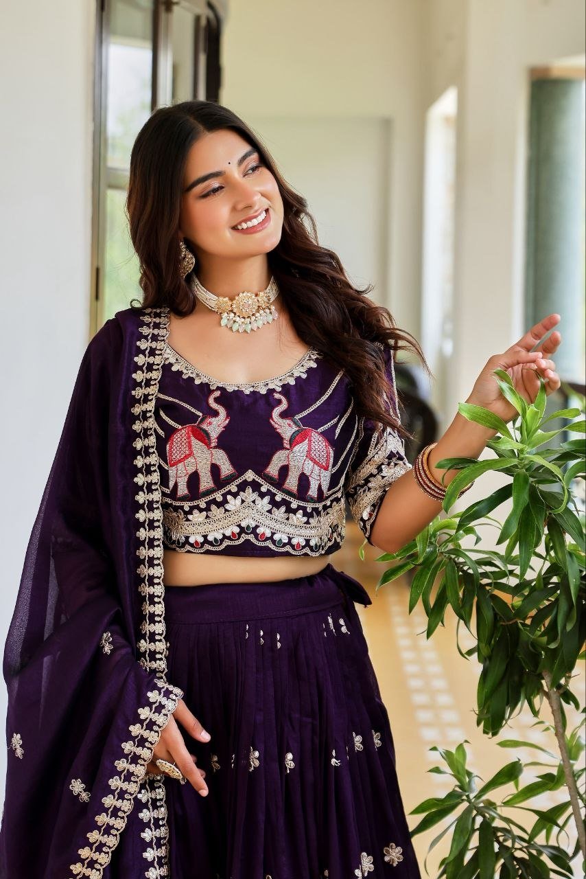 Elephant Motif Embroidered Silk Lehenga Set with Lace Border Dupatta - Surat Wholesale Ethnic Wear (Photo 9)