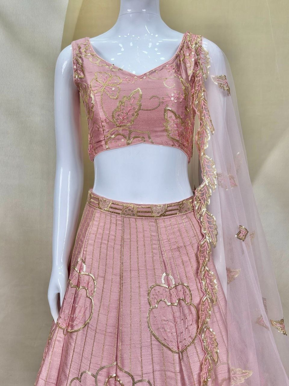 Gold Thread Embroidered Floral Lehenga Set with Scalloped Dupatta