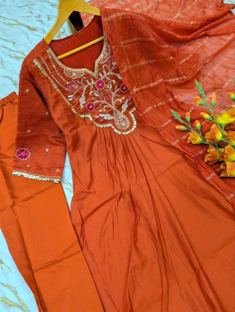 Intricate Embroidery Design on Solid Kurta Set with Striped Dupatta