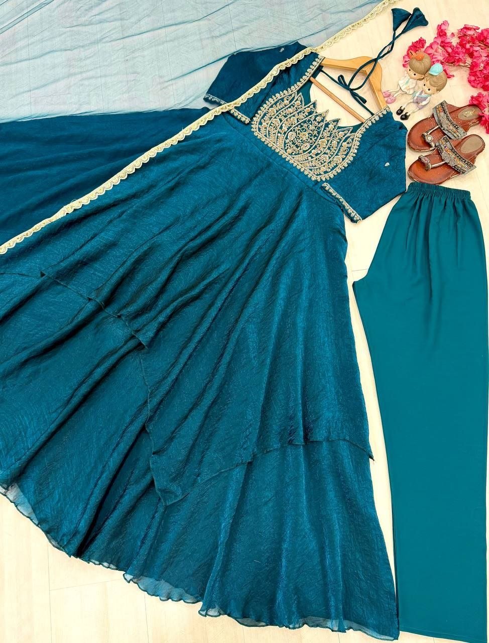 Cocktail Party Polish Layered Anarkali Gown with Embellished Neckline Dupatta - Surat Wholesale Ethnic Wear (Photo 9)