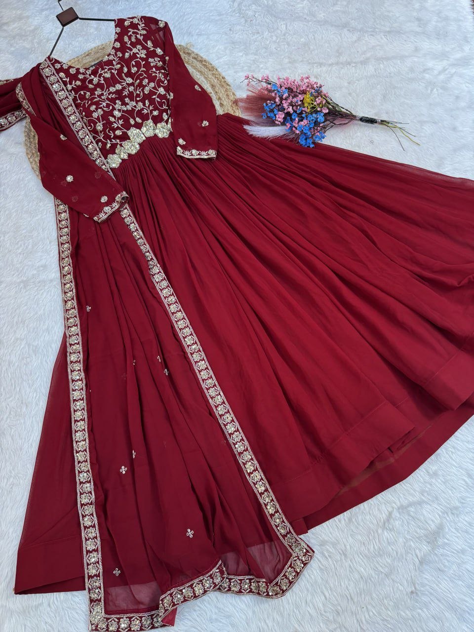 Fashion Factory Faux Blooming Embroidered Gown Set with Dupatta