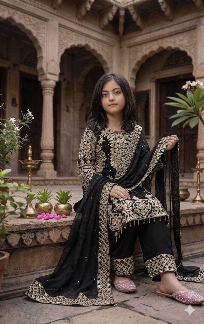 Fashion Factory Kids Premium Faux Georgette Embroidered Suit Set with Dupatta