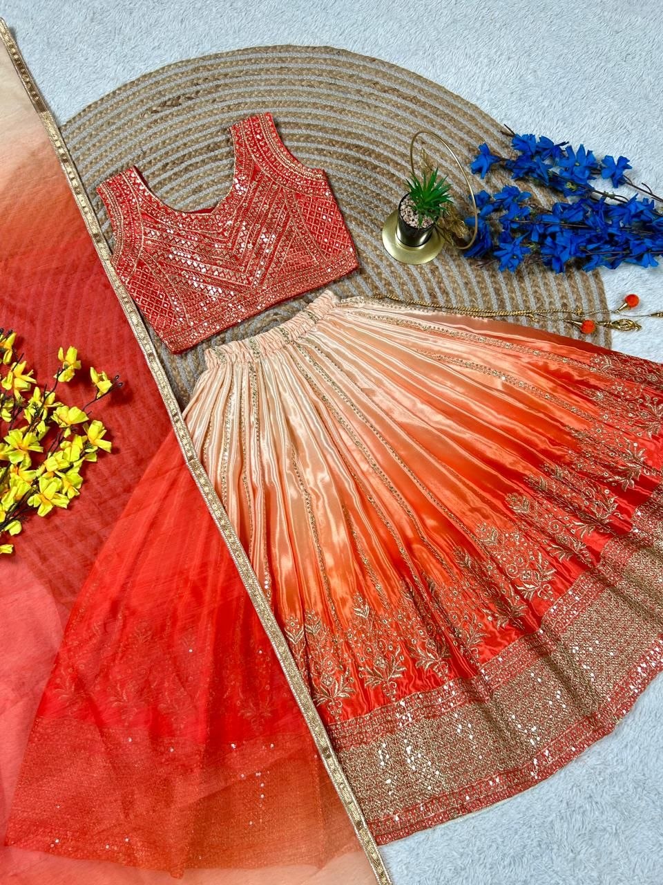 Fashion Factory Kids Soft Chinon Silk Lehenga Choli Set with Butterfly Net Dupatta
