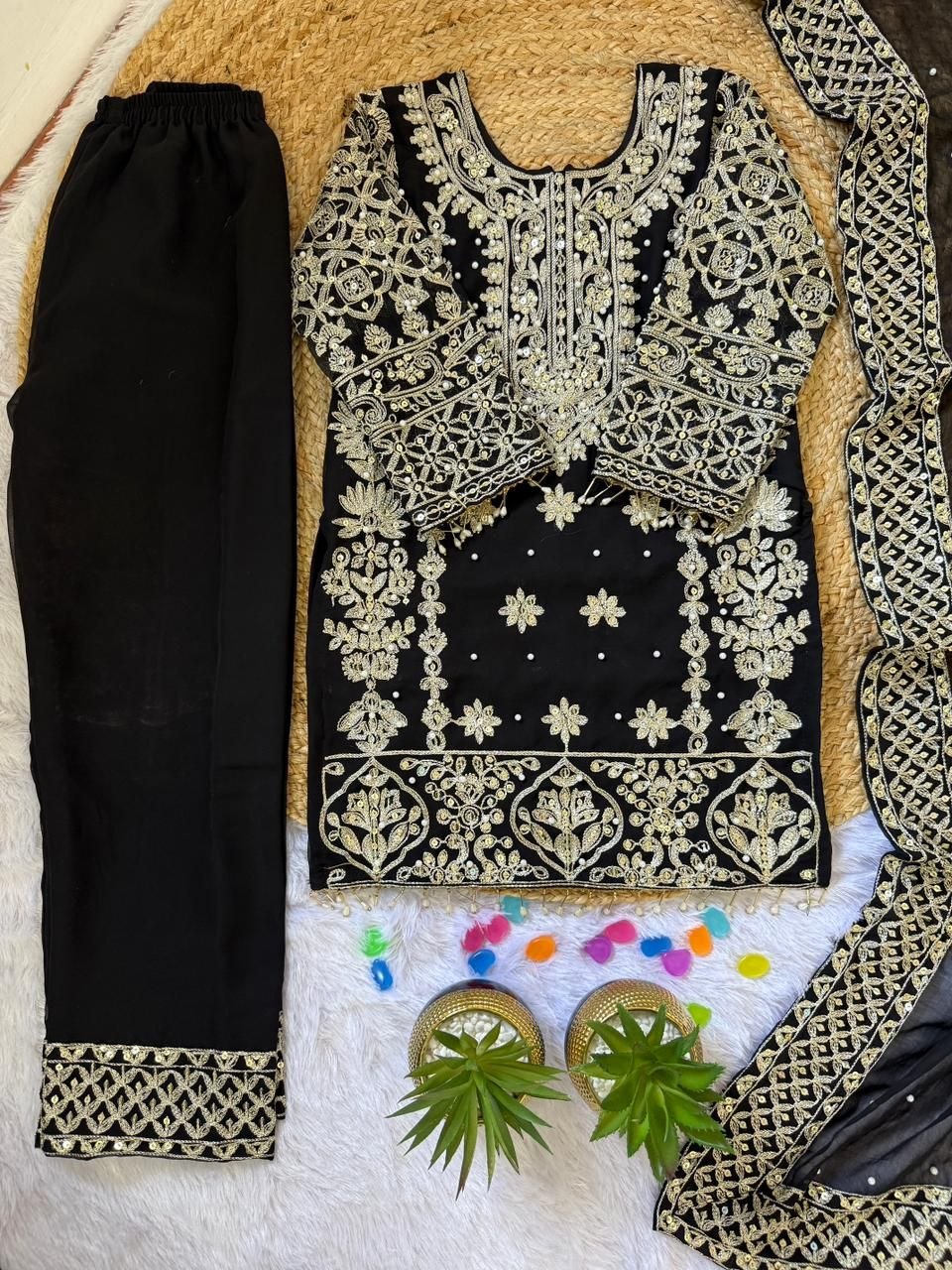 Fashion Factory Kids Premium Faux Georgette Embroidered Suit Set with Dupatta