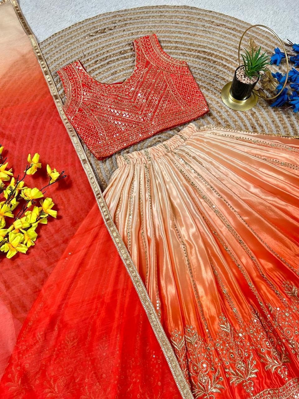 Fashion Factory Kids Soft Chinon Silk Lehenga Choli Set with Butterfly Net Dupatta