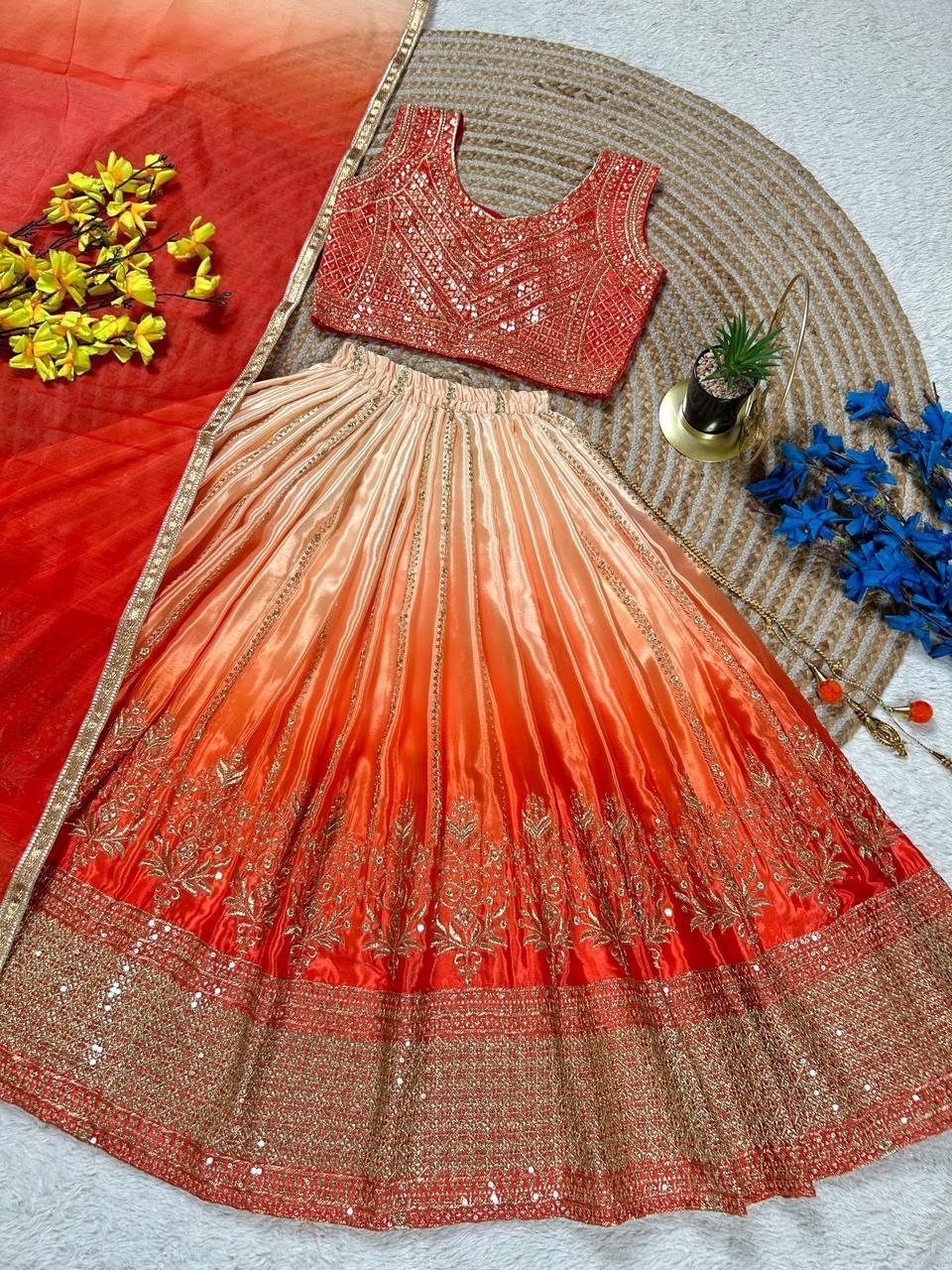 Fashion Factory Kids Soft Chinon Silk Lehenga Choli Set with Butterfly Net Dupatta