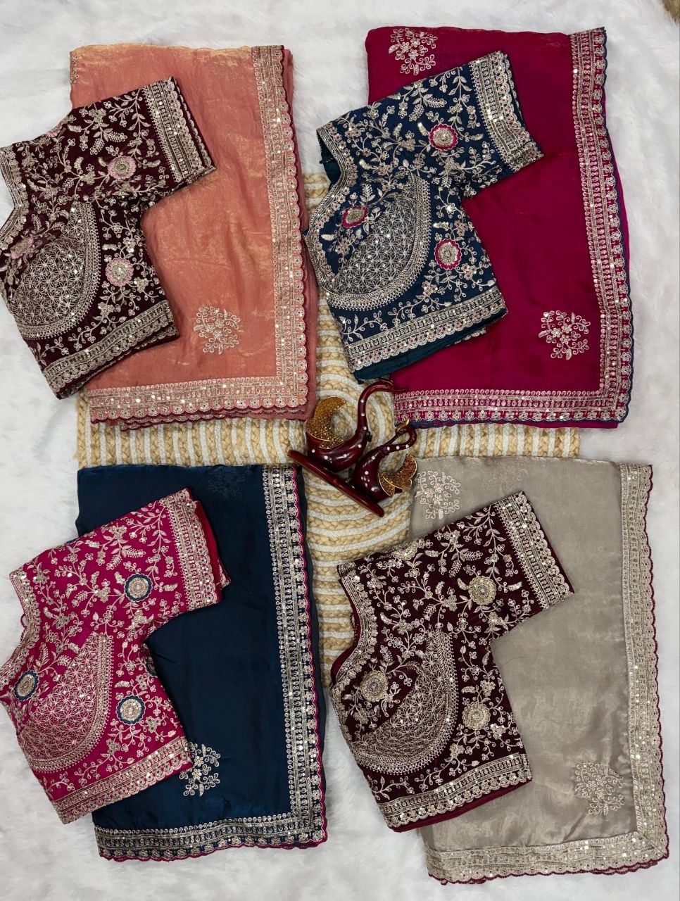Fashion Factory Soft Frendy Satin Saree with Sequence & Zari Embroidery Work