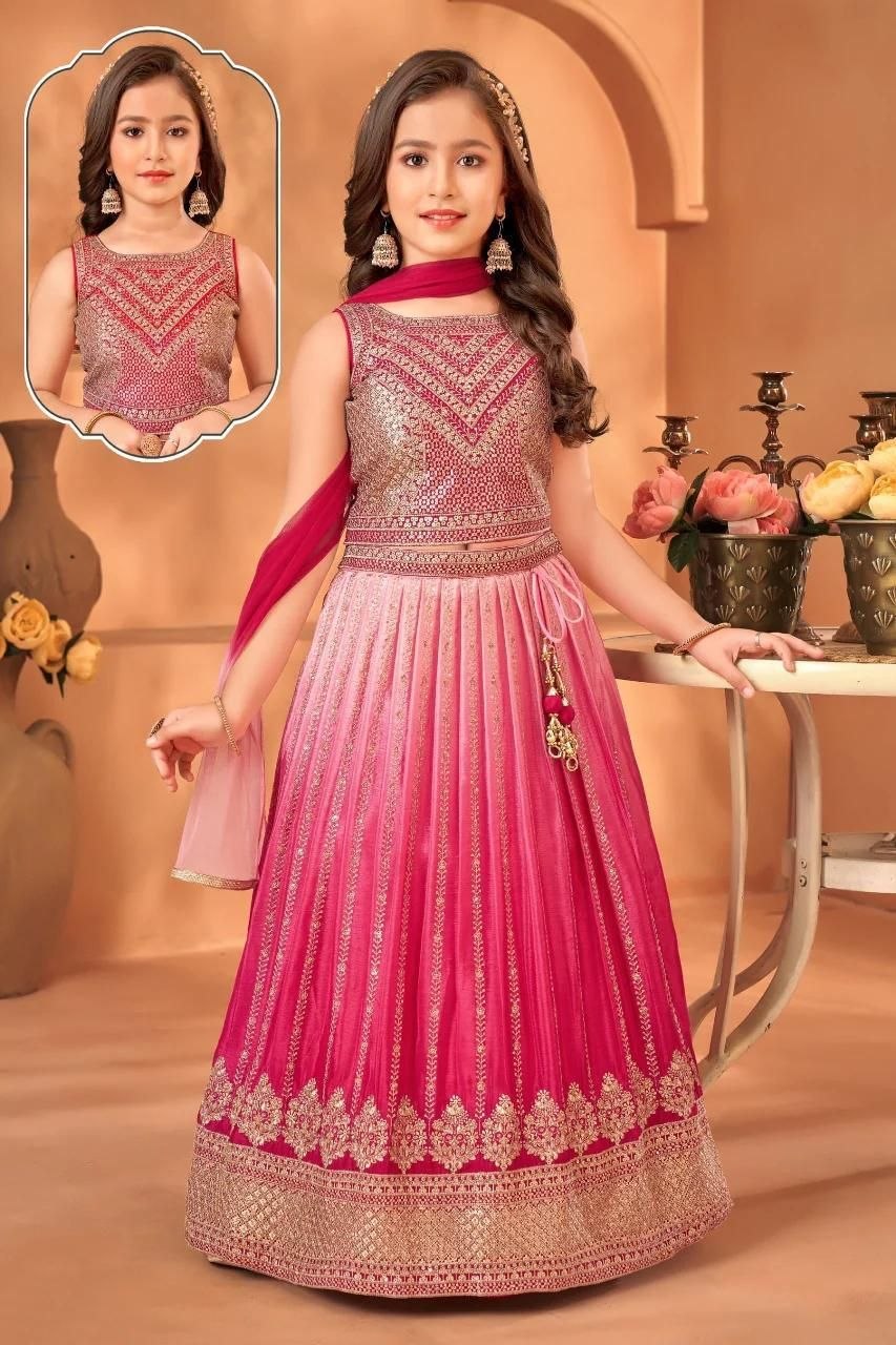 Fashion Factory Kids Soft Chinon Silk Lehenga Choli Set with Butterfly Net Dupatta