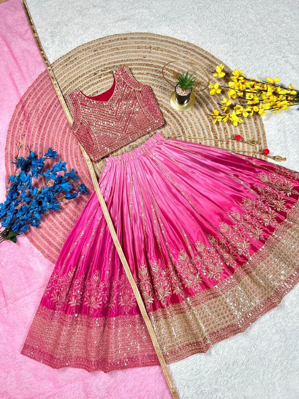 Fashion Factory Kids Soft Chinon Silk Lehenga Choli Set with Butterfly Net Dupatta