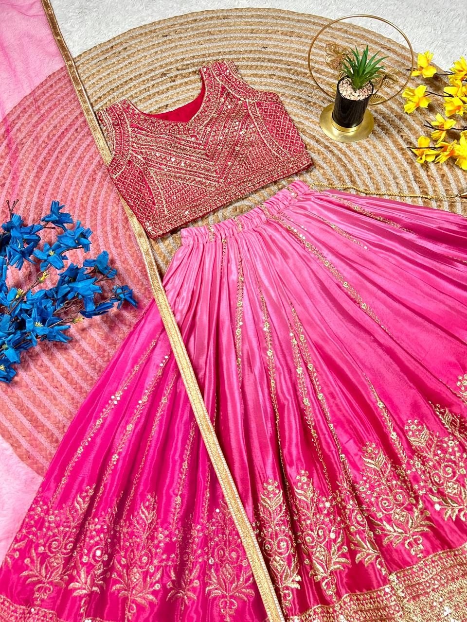 Fashion Factory Kids Soft Chinon Silk Lehenga Choli Set with Butterfly Net Dupatta