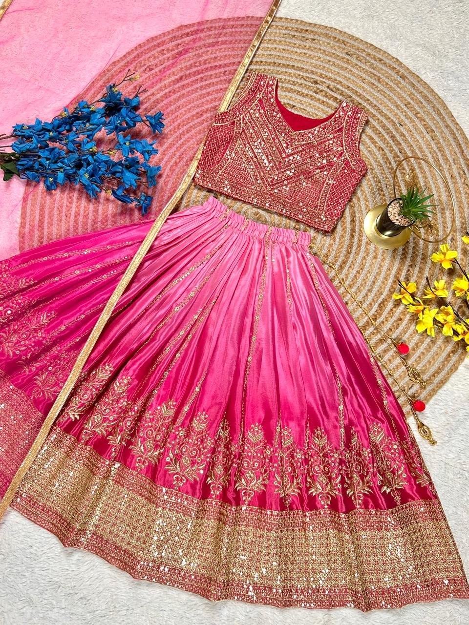 Fashion Factory Kids Soft Chinon Silk Lehenga Choli Set with Butterfly Net Dupatta