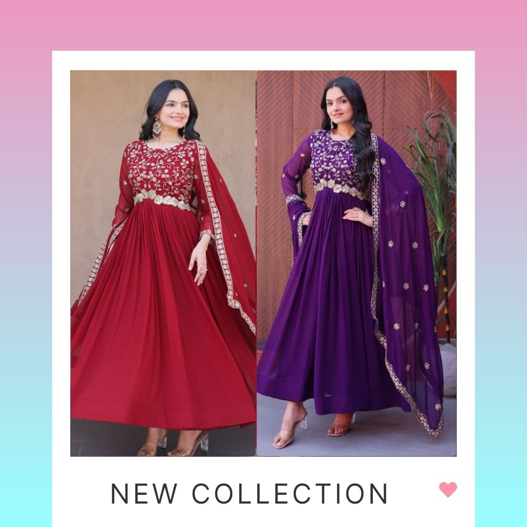 Fashion Factory Faux Blooming Embroidered Gown Set with Dupatta