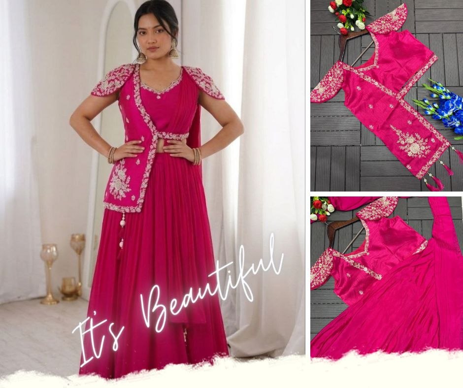 Fashion Factory Chinon Lehenga Set with Embroidered Banglori Silk Jacket & Blouse