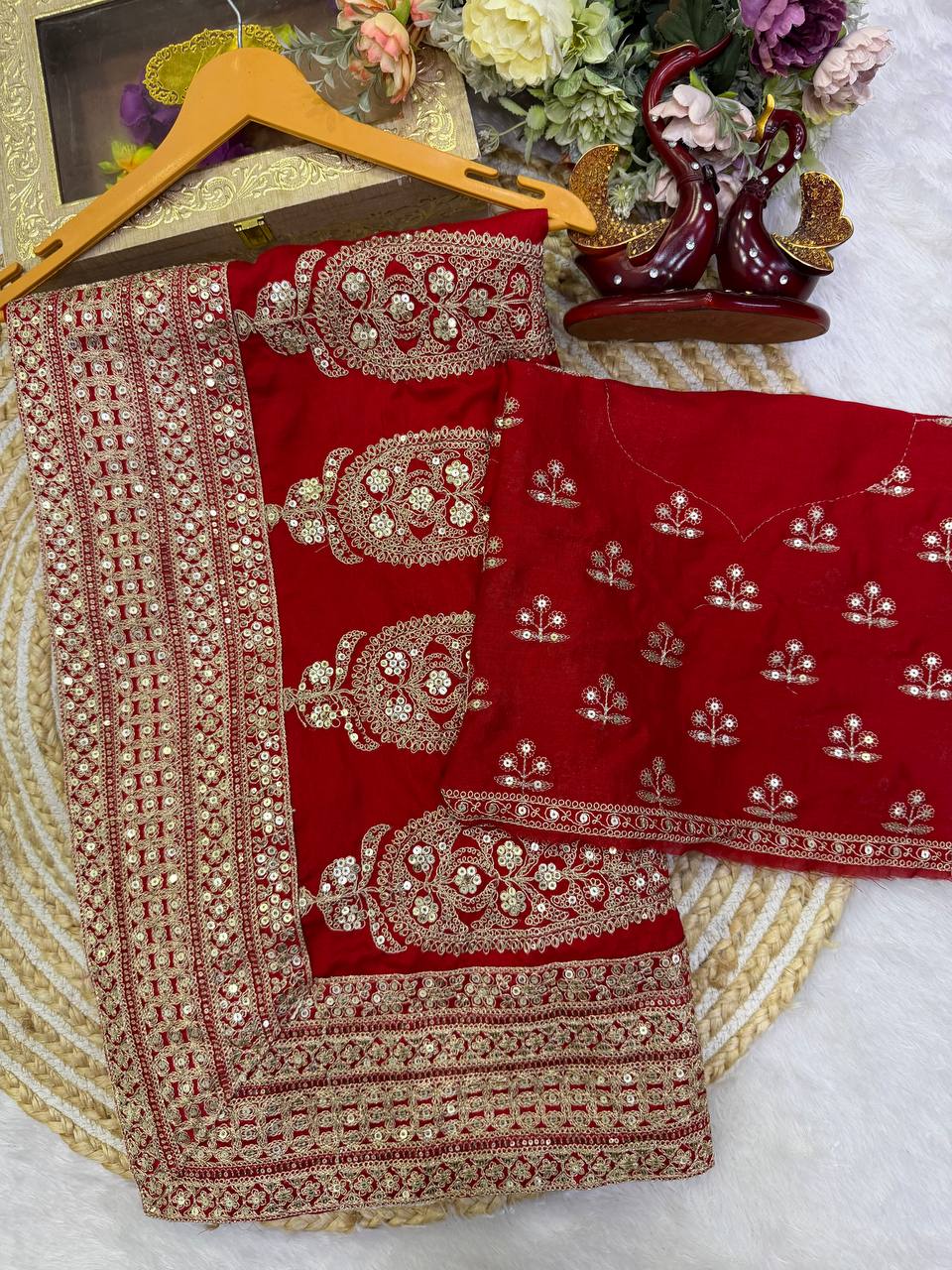 Fashion Factory – Red Vichitra Silk Saree with Embroidery Blouse (Premium Quality)