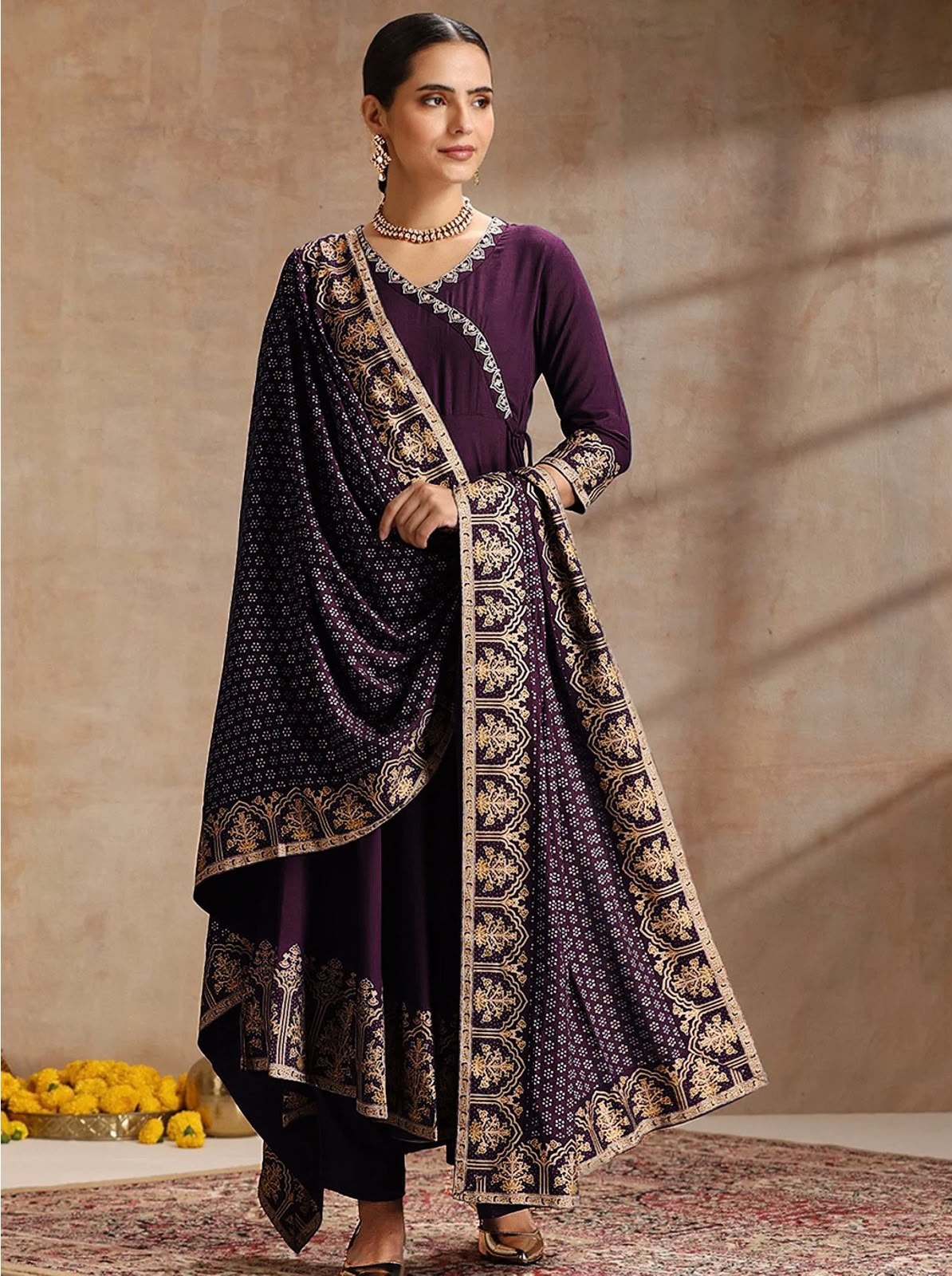 Embroidered Angrakha A-Line Kurta Set featuring Traditional Tassel Accents