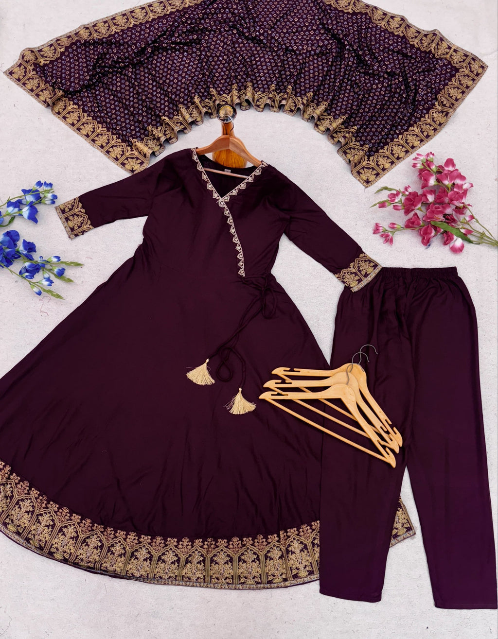 Embroidered Angrakha A-Line Kurta Set featuring Traditional Tassel Accents