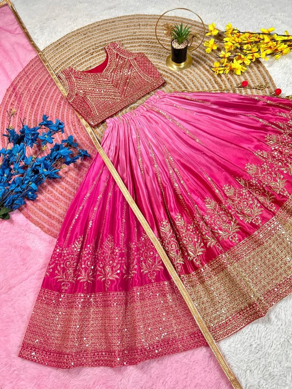 Fashion Factory Kids Soft Chinon Silk Lehenga Choli Set with Butterfly Net Dupatta