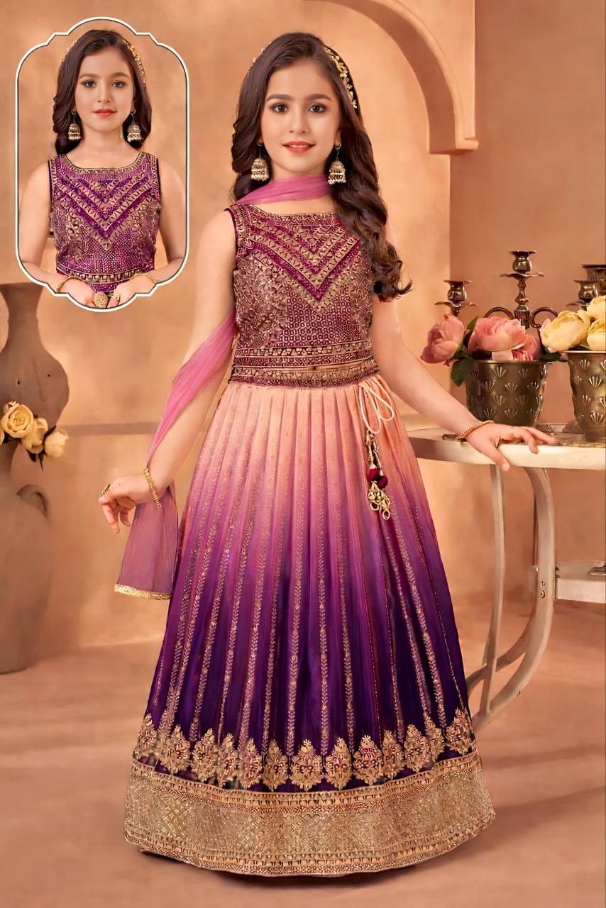 Fashion Factory Kids Soft Chinon Silk Lehenga Choli Set with Butterfly Net Dupatta