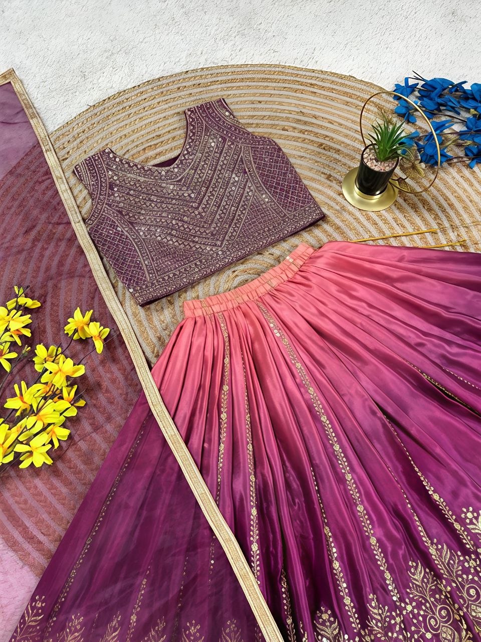 Fashion Factory Kids Soft Chinon Silk Lehenga Choli Set with Butterfly Net Dupatta