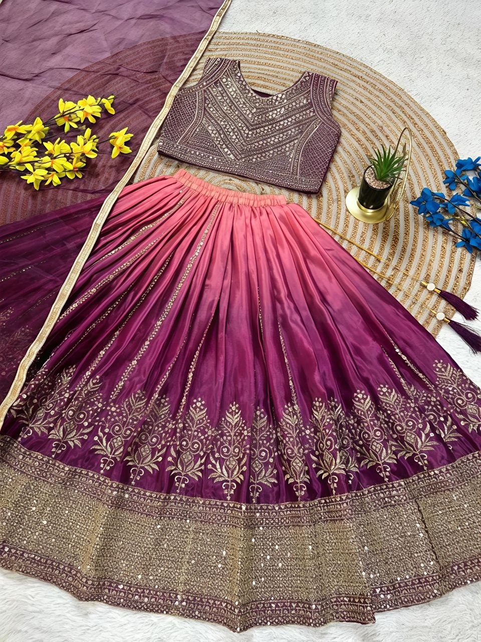 Fashion Factory Kids Soft Chinon Silk Lehenga Choli Set with Butterfly Net Dupatta
