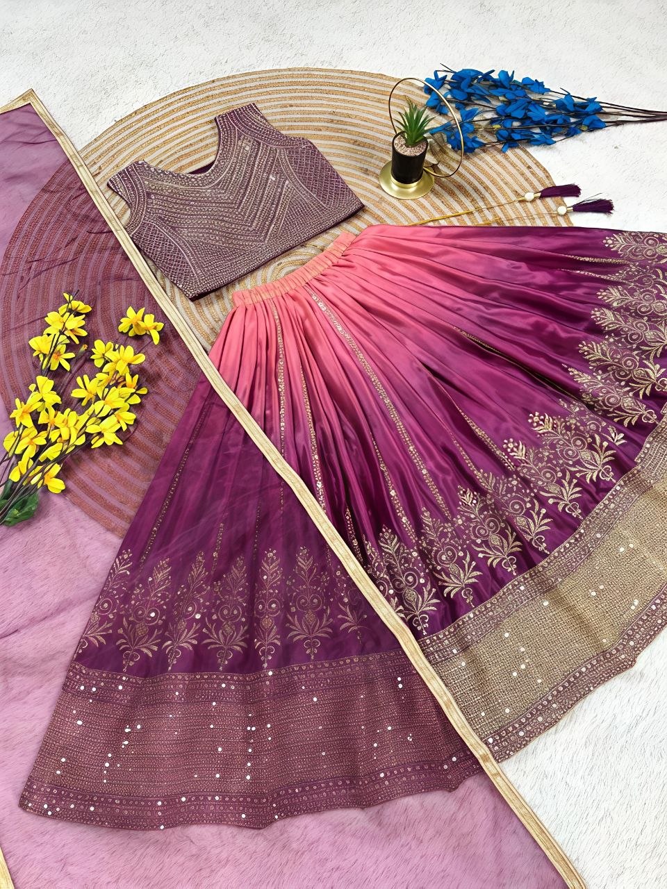 Fashion Factory Kids Soft Chinon Silk Lehenga Choli Set with Butterfly Net Dupatta