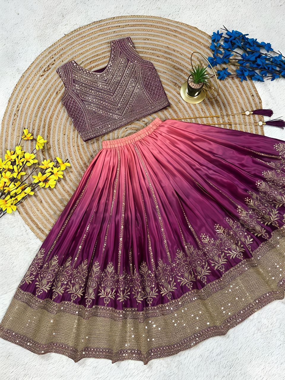Fashion Factory Kids Soft Chinon Silk Lehenga Choli Set with Butterfly Net Dupatta