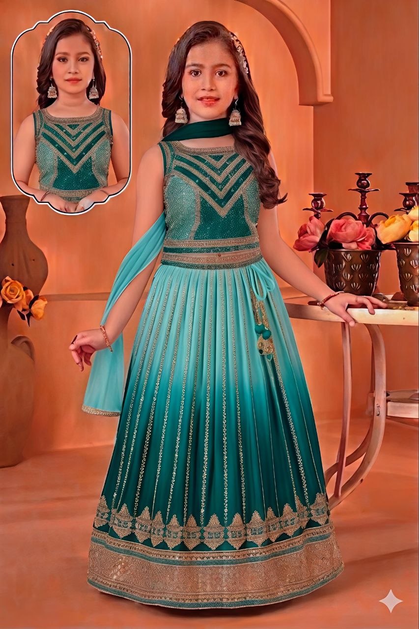 Fashion Factory Kids Soft Chinon Silk Lehenga Choli Set with Butterfly Net Dupatta