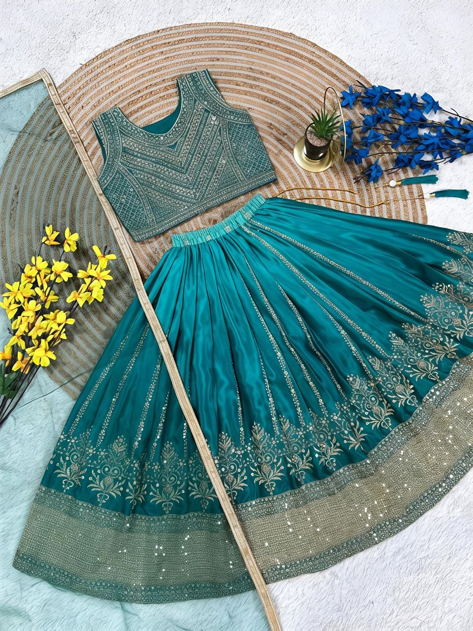 Fashion Factory Kids Soft Chinon Silk Lehenga Choli Set with Butterfly Net Dupatta