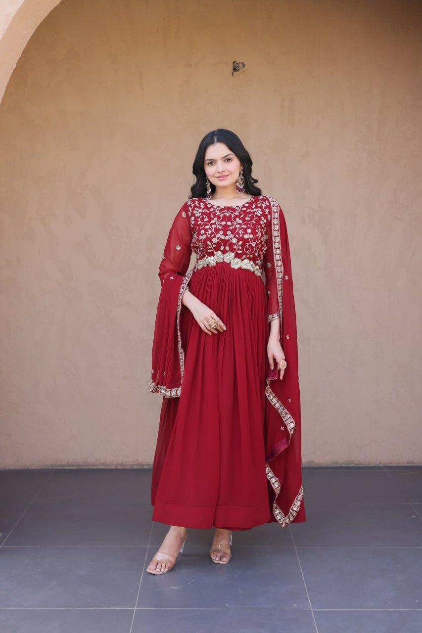 Fashion Factory Faux Blooming Embroidered Gown Set with Dupatta