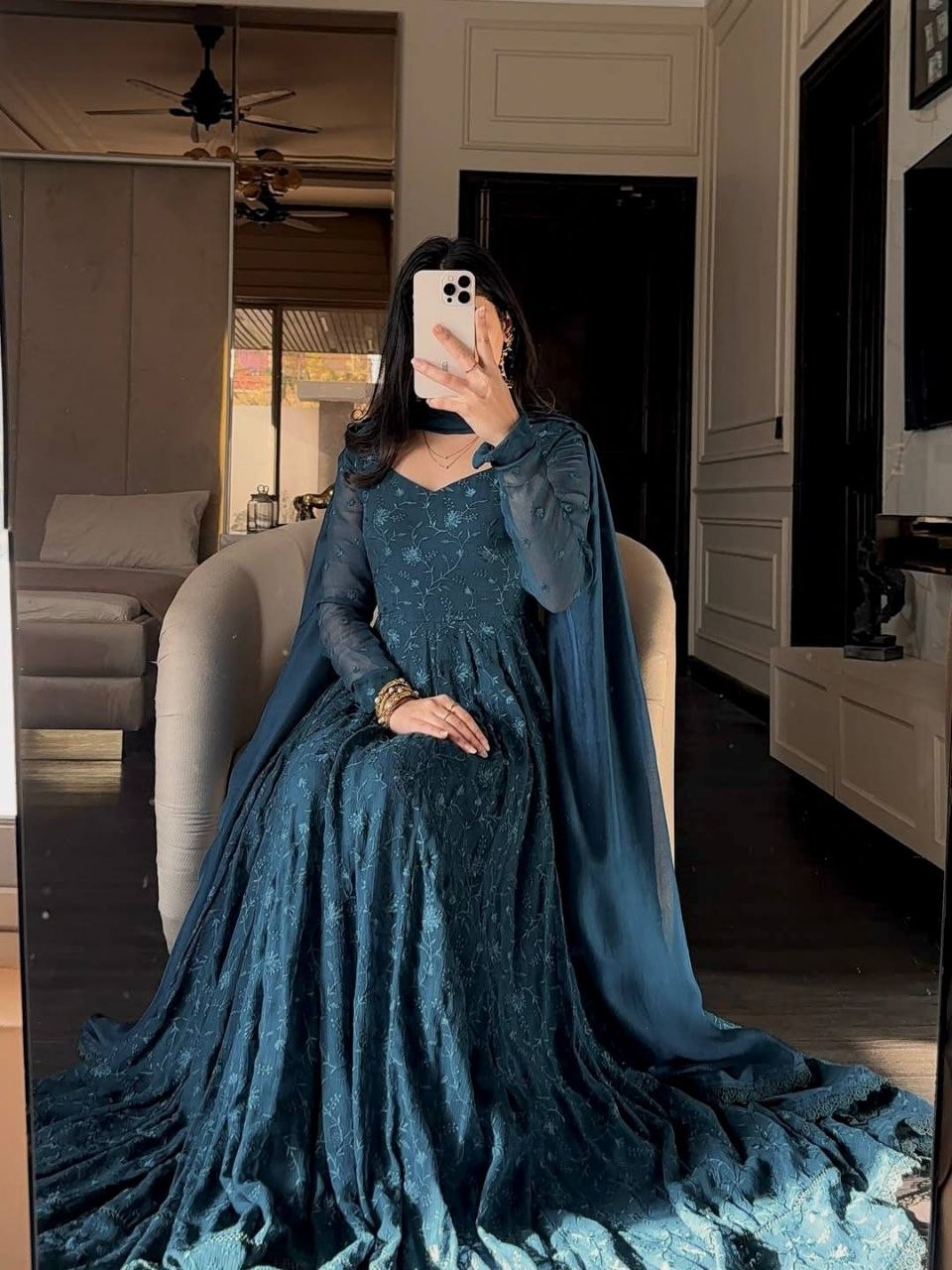 Fashion Factory Star Georgette Silk Embroidered Gown Set with Dupatta