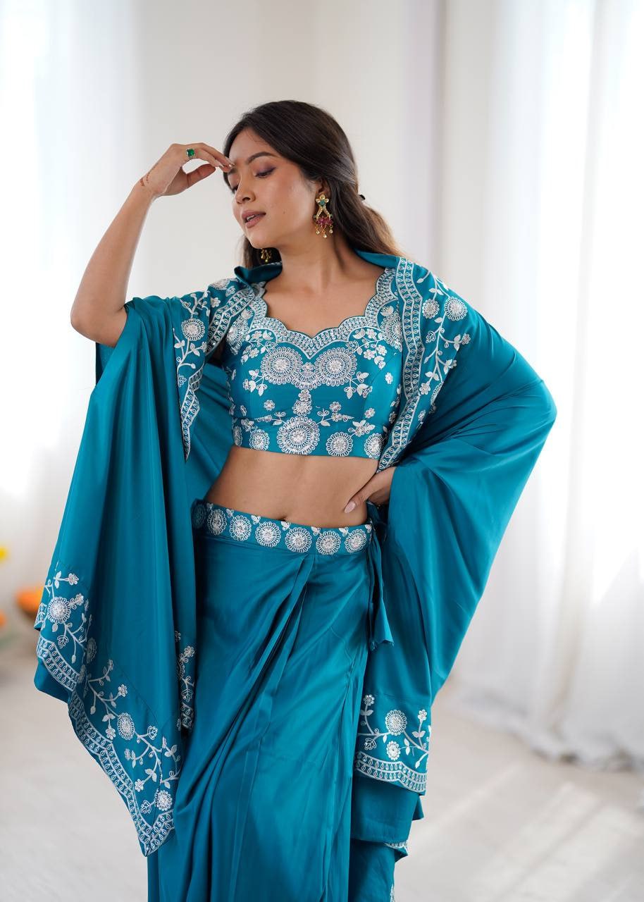 Fashion Factory French Crepe Western Dhoti Set with Shrug & Choli