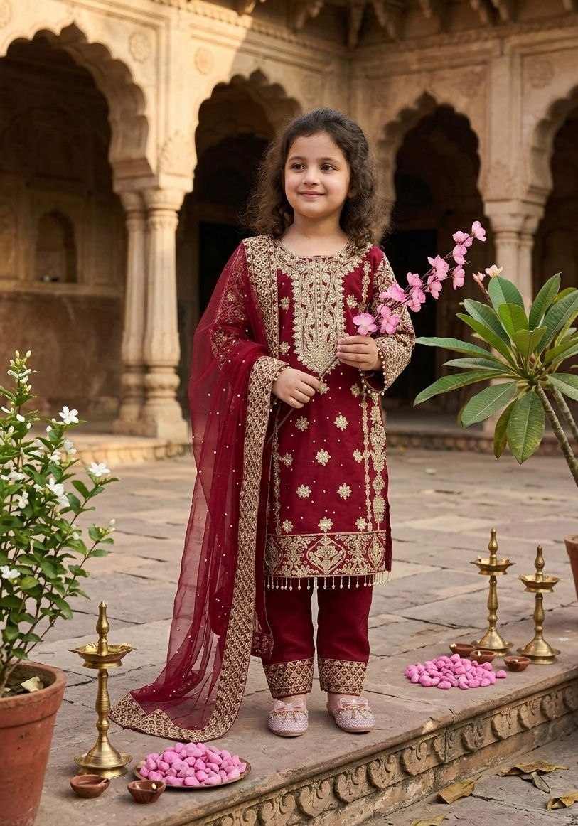 Fashion Factory Kids Premium Faux Georgette Embroidered Suit Set with Dupatta