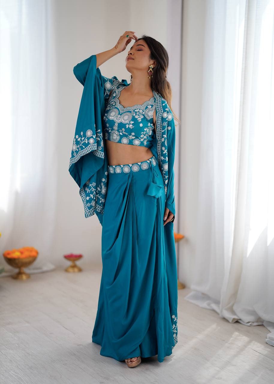 Fashion Factory French Crepe Western Dhoti Set with Shrug & Choli