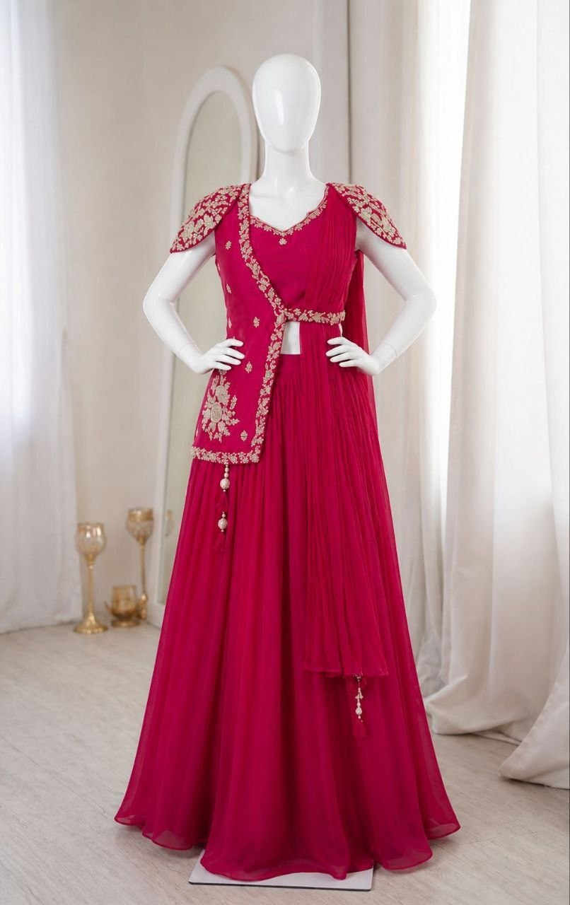 Fashion Factory Chinon Lehenga Set with Embroidered Banglori Silk Jacket & Blouse