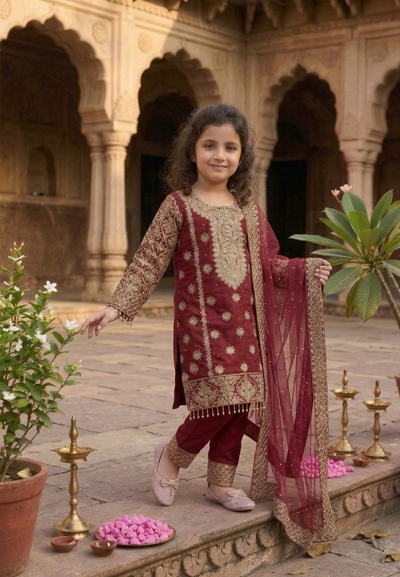 Fashion Factory Kids Premium Faux Georgette Embroidered Suit Set with Dupatta