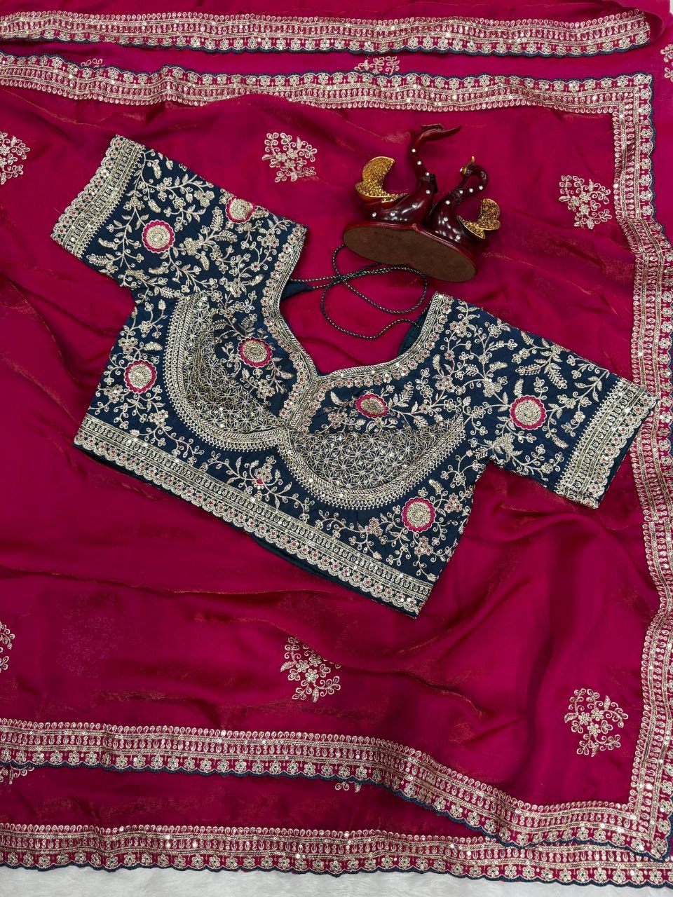 Fashion Factory Soft Frendy Satin Saree with Sequence & Zari Embroidery Work