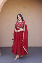 Fashion Factory Faux Blooming Embroidered Gown Set with Dupatta