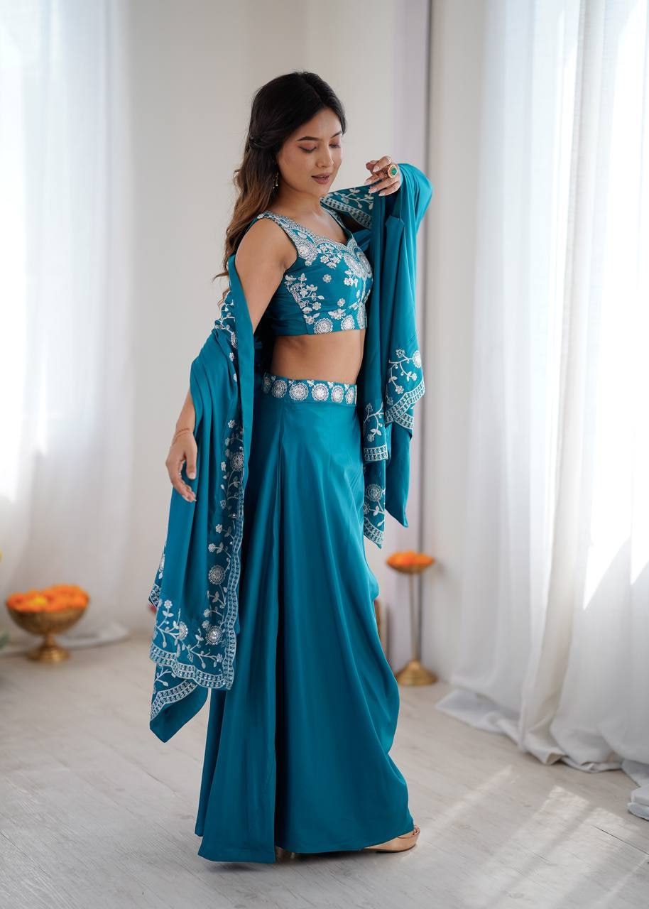 Fashion Factory French Crepe Western Dhoti Set with Shrug & Choli
