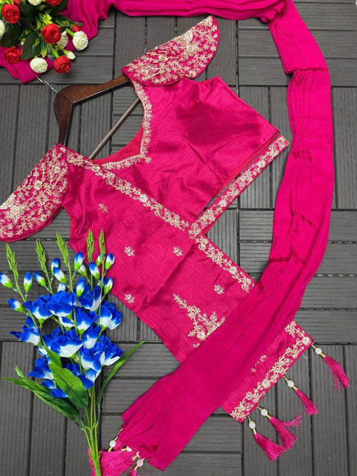 Fashion Factory Chinon Lehenga Set with Embroidered Banglori Silk Jacket & Blouse