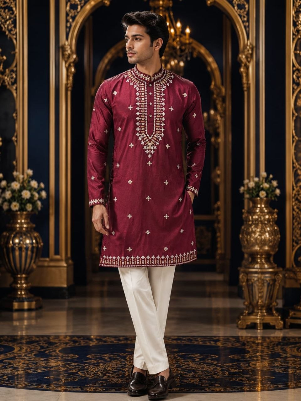 Fashion Factory Celebrity Silk Embroidered Kurta Pajama Set with Gold Foil Work