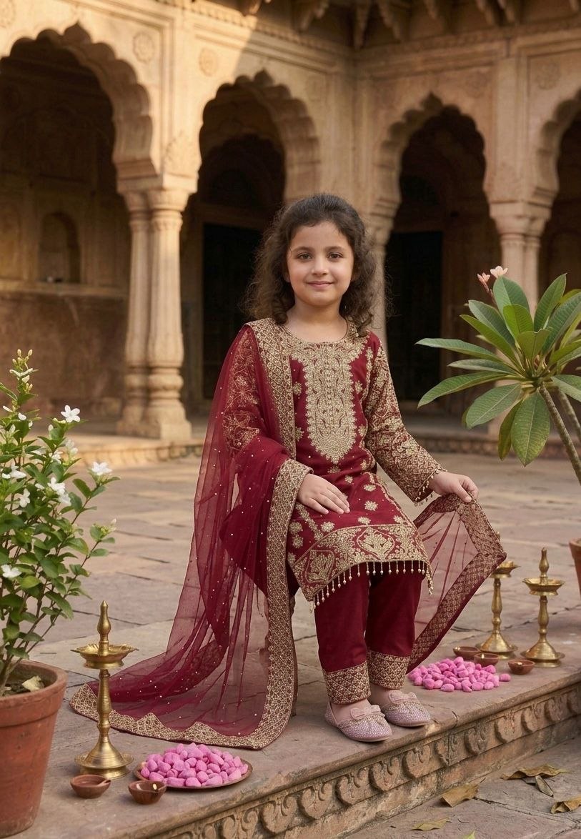 Fashion Factory Kids Premium Faux Georgette Embroidered Suit Set with Dupatta