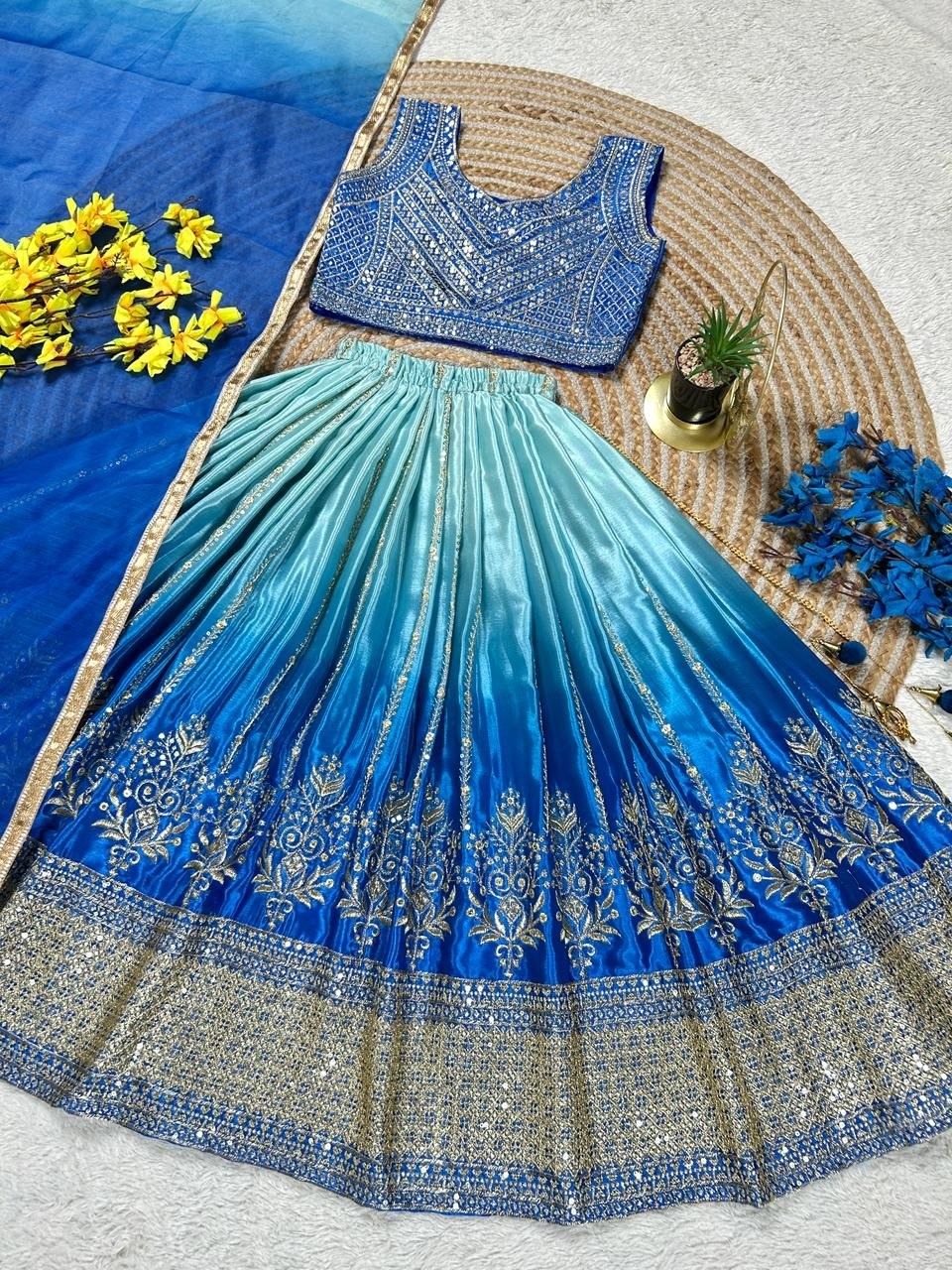 Fashion Factory Kids Soft Chinon Silk Lehenga Choli Set with Butterfly Net Dupatta