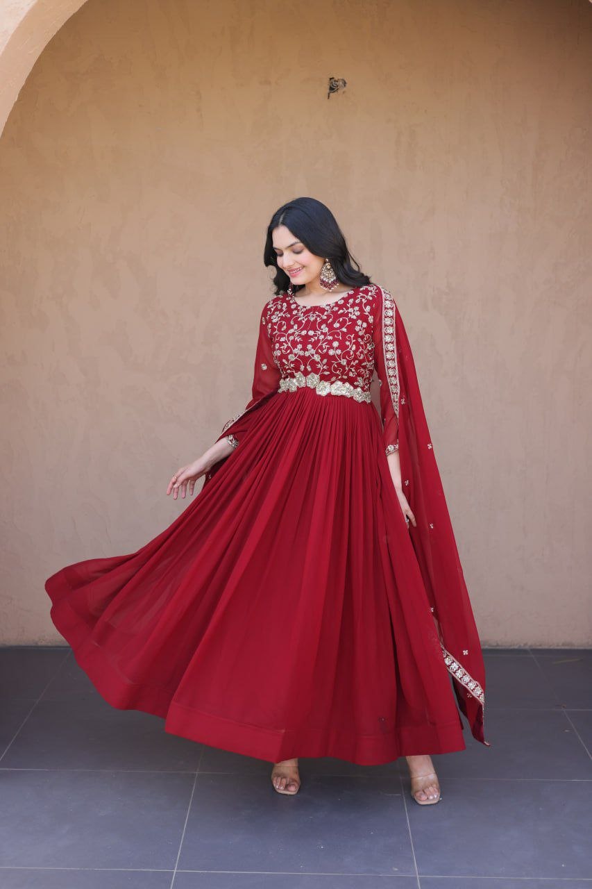 Fashion Factory Faux Blooming Embroidered Gown Set with Dupatta