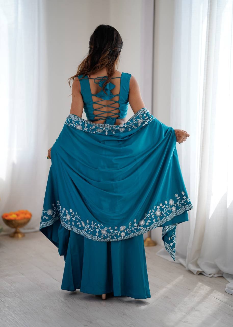 Fashion Factory French Crepe Western Dhoti Set with Shrug & Choli
