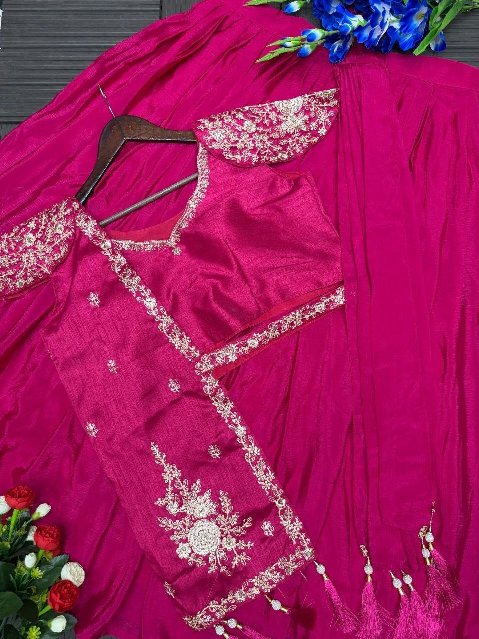 Fashion Factory Chinon Lehenga Set with Embroidered Banglori Silk Jacket & Blouse