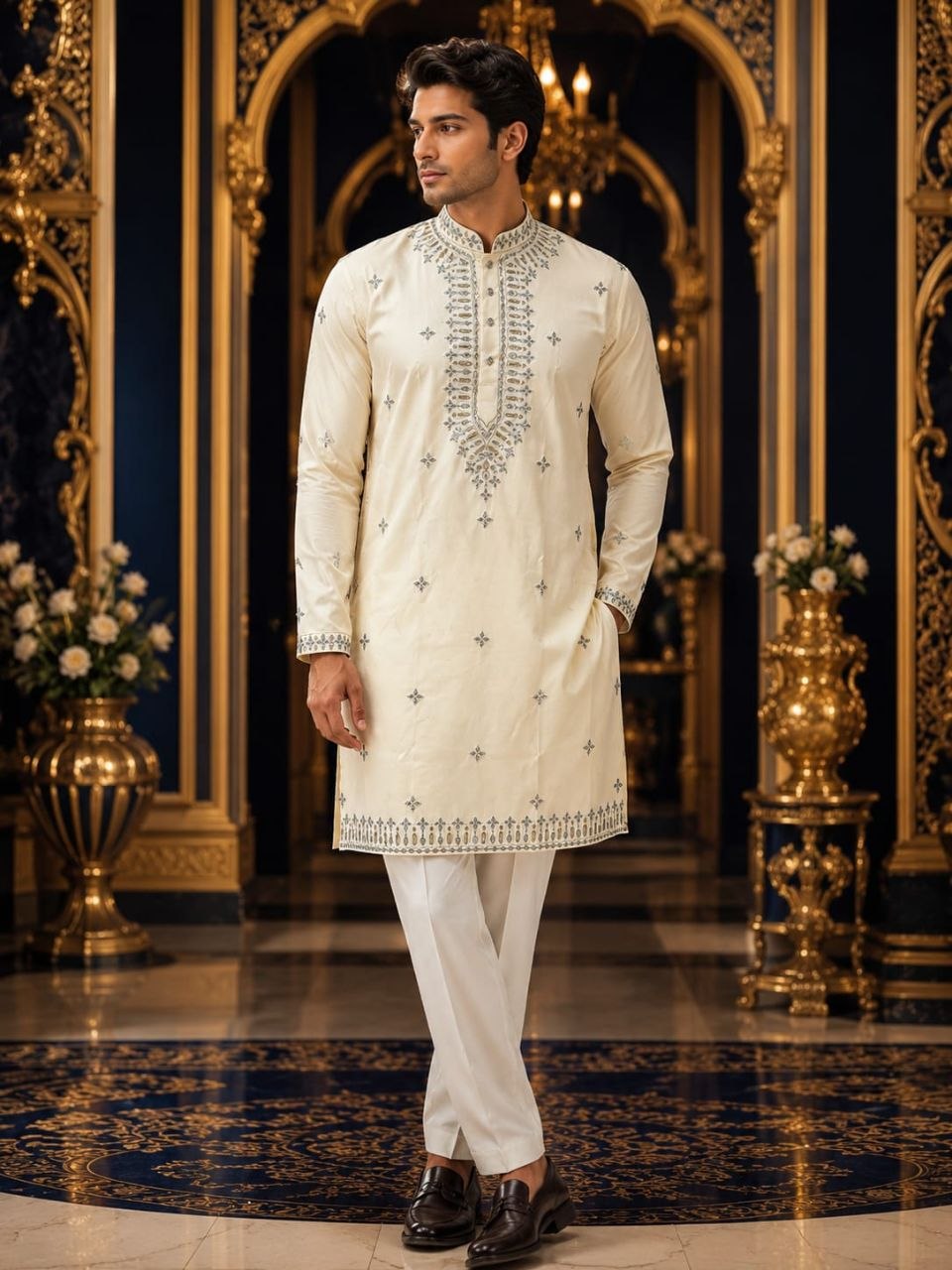 Fashion Factory Celebrity Silk Embroidered Kurta Pajama Set with Gold Foil Work