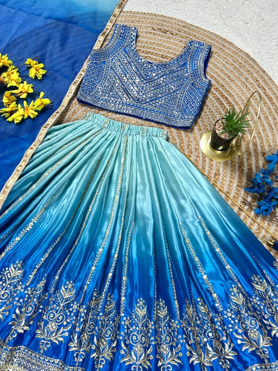 Fashion Factory Kids Soft Chinon Silk Lehenga Choli Set with Butterfly Net Dupatta
