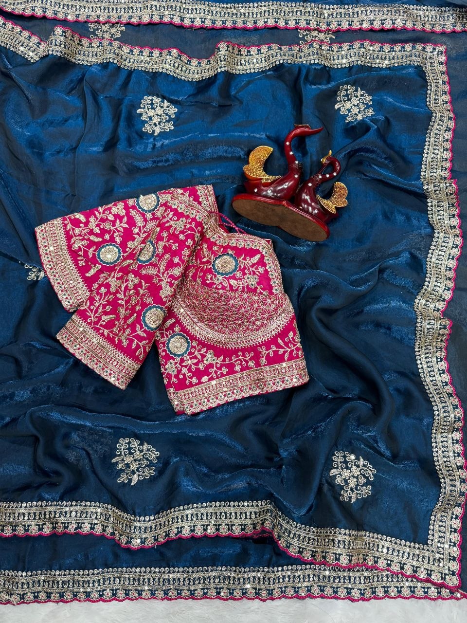 Fashion Factory Soft Frendy Satin Saree with Sequence & Zari Embroidery Work